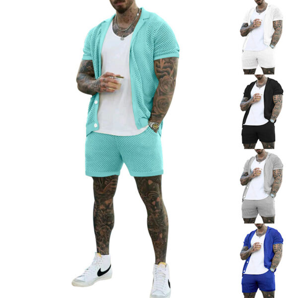 Men's Fashion Casual Hollow Short-sleeved Shorts Set - Image 2