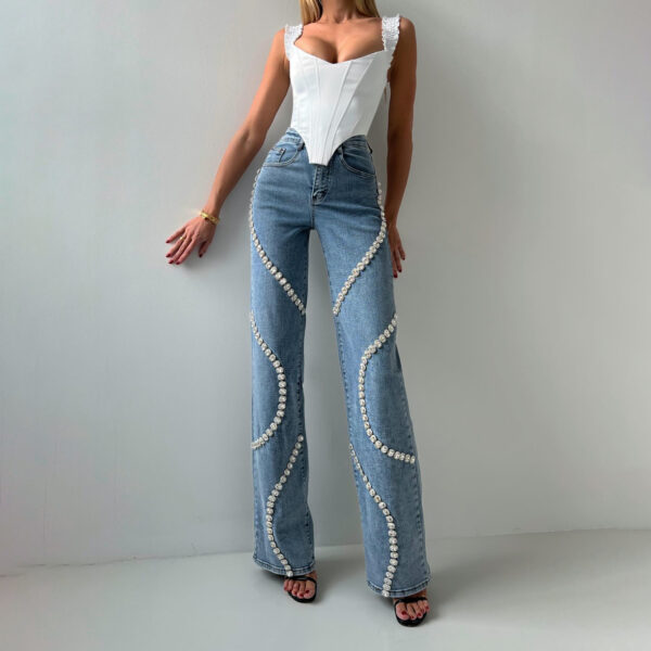 Loose Straight Leg Jeans And Fashionable Casual Pants With A Rhine Stone Denim Design Around Them Suitable For Women - Image 3