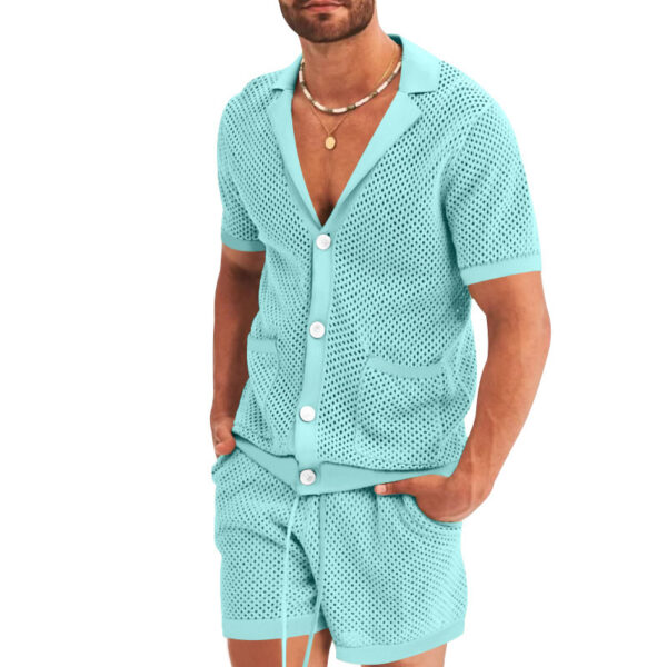 Men's Fashion Casual Hollow Short-sleeved Shorts Set - Image 3