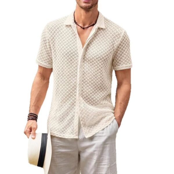 Fashion Solid Color Polo Collar Short Sleeve Mesh Shirt Tops Men Clothing - Image 3