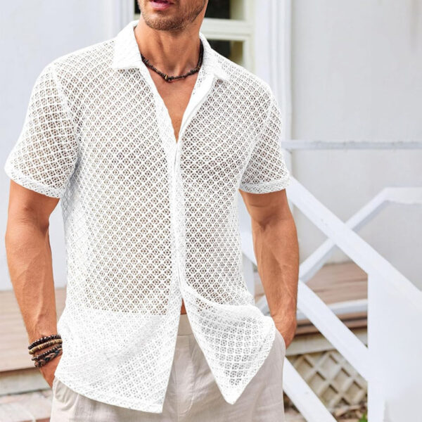 Fashion Solid Color Polo Collar Short Sleeve Mesh Shirt Tops Men Clothing - Image 2