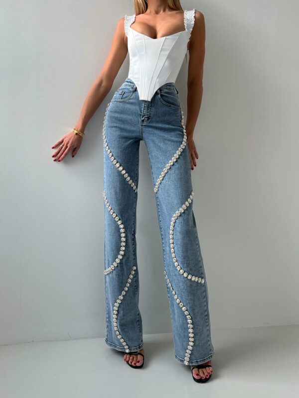 Loose Straight Leg Jeans And Fashionable Casual Pants With A Rhine Stone Denim Design Around Them Suitable For Women - Image 2