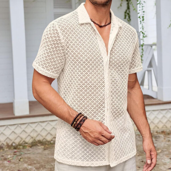 Fashion Solid Color Polo Collar Short Sleeve Mesh Shirt Tops Men Clothing - Image 5